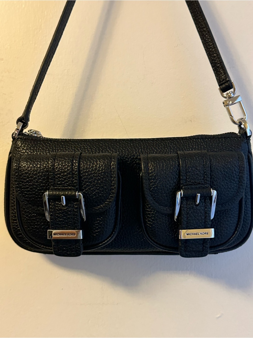 Michael Kors Black Pebbled Leather Mini Shoulder Bag with Dual Buckle Pockets